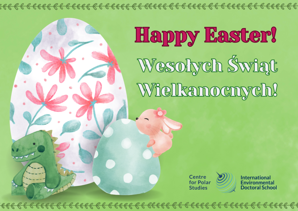 Kartka wielkanocna. Dwie pisanki, króliczek i dinozaur. Tekst: "Wesołych Świąt Wielkanocy".